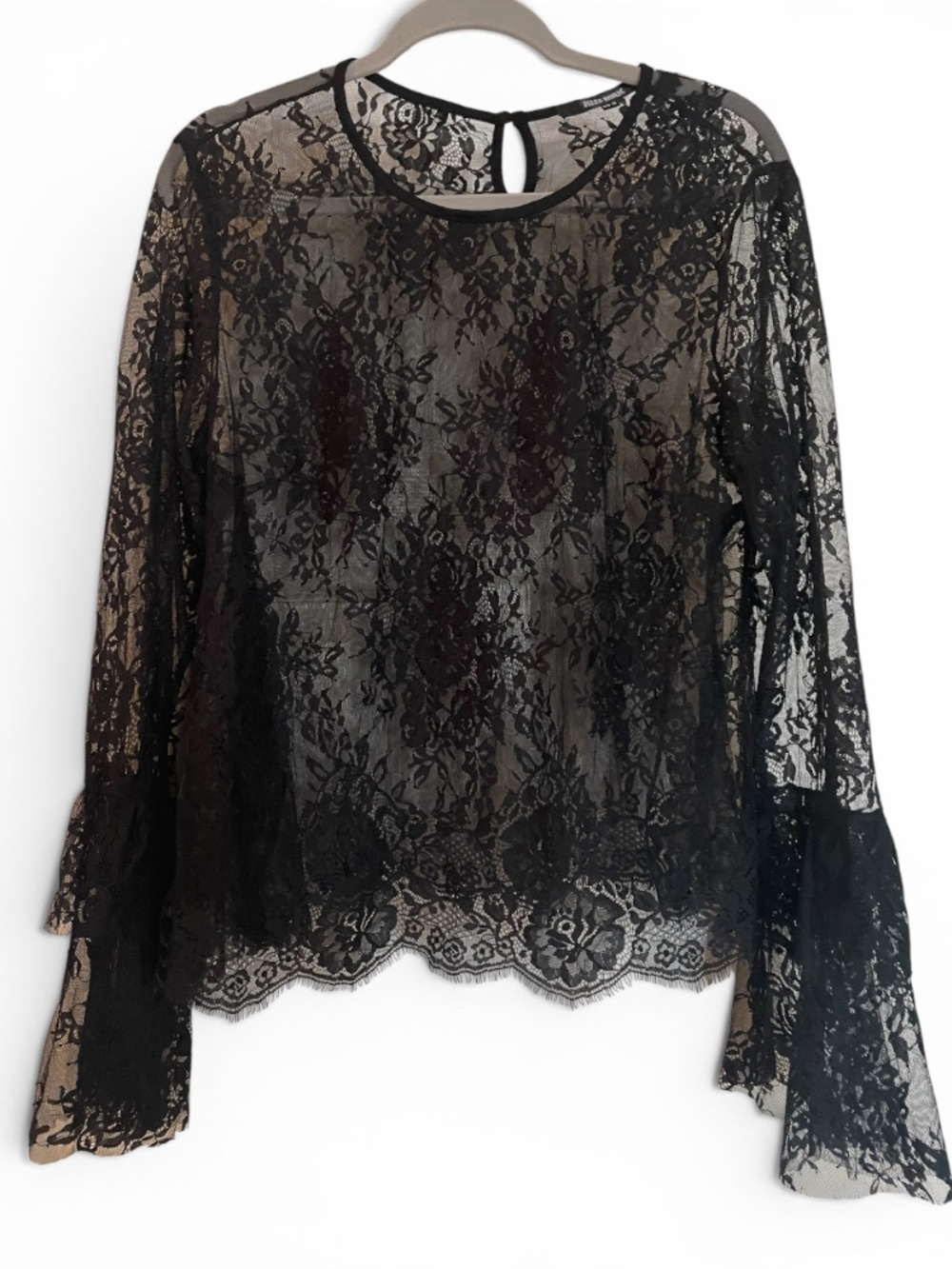 Women's Black Lace Long-Sleeve Sheer Blouse